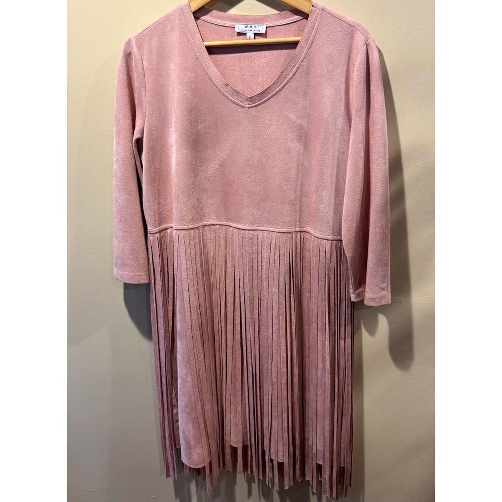 W.A.Y Pink Faux Suede Shift Dress Fringe V-Neck Long Sleeve Knee Length L